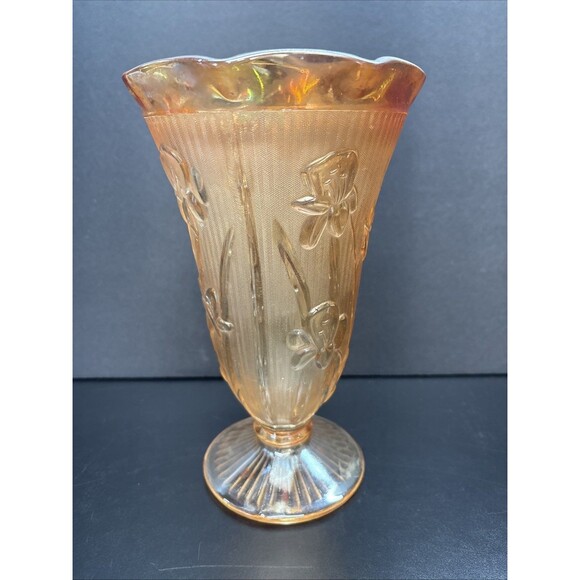Jeannette Glass Iris And Herringbone Marigold Vase Ruffled 9" Footed Iridescent - Picture 1 of 5